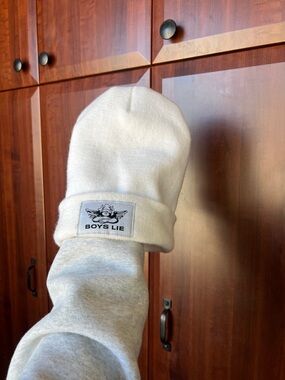 Boys Lie Off-White Knit Cuffed Beanie with Logo Patch